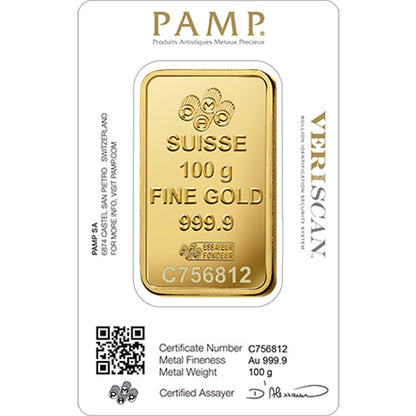 100 Gram PAMP Suisse Fortuna Veriscan Gold Bar (New w/ Assay)